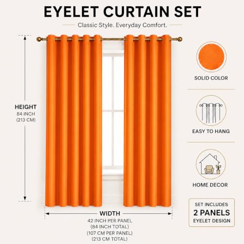 Image of Polyester Eyelet Door Curtain, Solid Plain Light Filtering Curtain for Bedroom, Living Room & Home Office, 7 Feet (84 x 48 Inch), Orange, Pack of 2