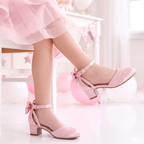 Image of Girls Heels Dress Shoes Flower Girl Pumps with Cute Bow Closed Toe | Princess Shoes,High Heels,Chunky Heel,Adjustable Buckles,Toddler,Little Girl,Big Kid,Wedding,Birthday Party,Formal,Pageant