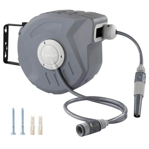 Crystals 10M Hose Reel – Compact Wall-Mounted or Portable Reel with Retractable Rewind Function, Package Includes Nozzle, Fittings & Fixings, Grey