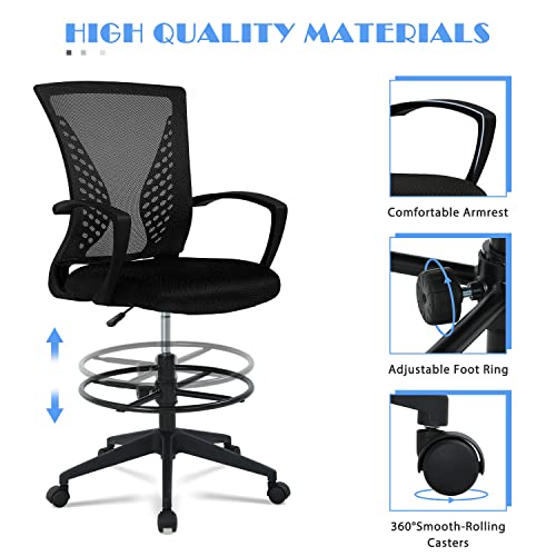 Drafting Chairs Adjustable Height With Fixed Armrests And Adjustable Foot-Ring, Tall Office Chair With 360 Degree Rotating Rolling Castors, Ergonomic Breathable Mesh High Office Chair For Adults #TOP3