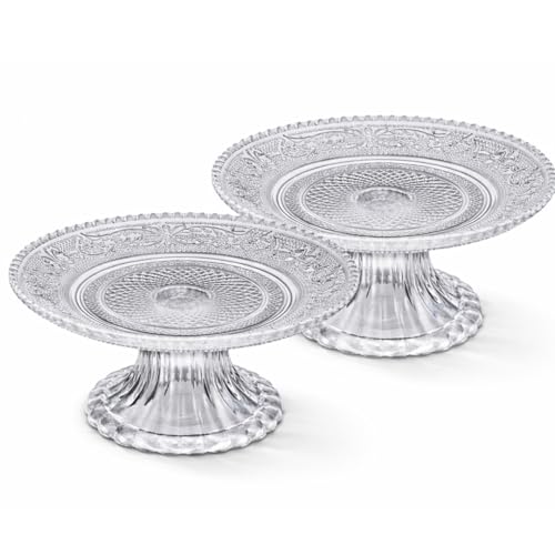 C.X.Y. Set da 2 pezzi, Alzatina in Vetro Decorato Espositori per Dolci e Frutta, Diametro 14,5 cm Altezza 7,5 cm, Piatto da Portata con Base Elegante, Trasparente Stile Vintage per Tavola e Eventi