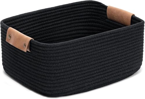 Image of ☆LBY Rectangle Cotton Rope Woven Basket with Handles for Books, Magazines, Toys - Ideal Gift Decorative Basket for Baby Nursery, Living Room (black, large 14.5 x 13 x 6 inch)