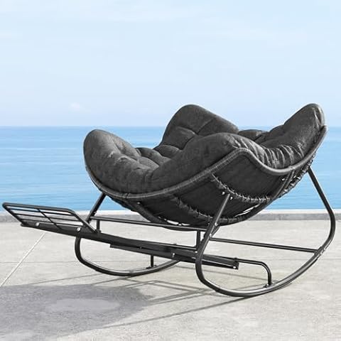 SWITTE Zero-Gravity Rocking Chair, Outdoor Rocking Papasan Chair with Footrest, Indoor Rattan Lounge Chair with Cushion for Patio-Dark Grey Cover