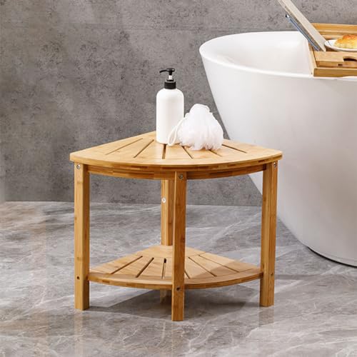 Taburete de Ducha de bambú con Estante de Almacenamiento y Alfombrilla anslizante, Banco Impermeable para baño, SPA, Ideal para afeitarse Las piernas y lavarse los pies, Color Natural, 40 x 40 cm