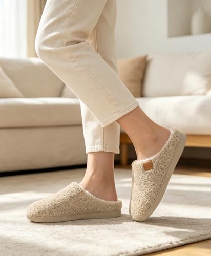 Image of Evshine Memory Foam Fuzzy Slippers for Women Curly Fleece House Shoes | Indoor Outdoor, Comfy and Warm Fur Lining, Non-slip Rubber Sole, Bedroom Slip on, Cozy, Cushioned, Machine Washable