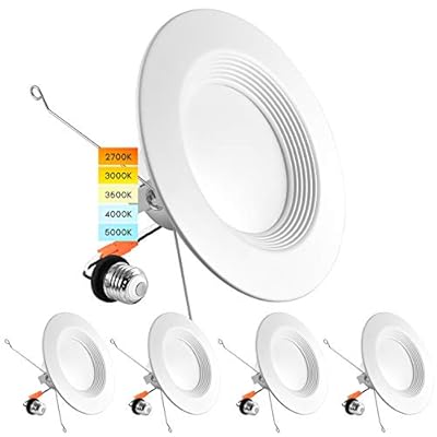 LUXRITE 5/6 Inch LED Recessed Retrofit Downlight, 14W=90W, CCT Color Selectable 2700K | 3000K | 3500K | 4000K | 5000K, Dimmable Can Light, 1100 Lumens, Wet Rated, Energy Star, Baffle Trim (4 Pack)