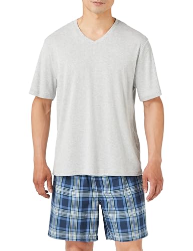 [Amazon Essentials] パジャマ セット Tシャツ・ポプリン ショートパンツ メンズ ネイビー チェック柄/ヘザーグレー XS
