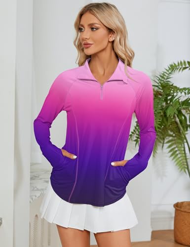 Image of LOMON Women Long Sleeve Shirts Sun Protection 1 /4 Zip Summer Quick Dry Hiking Shirts Quarter Zip Pullover for Women