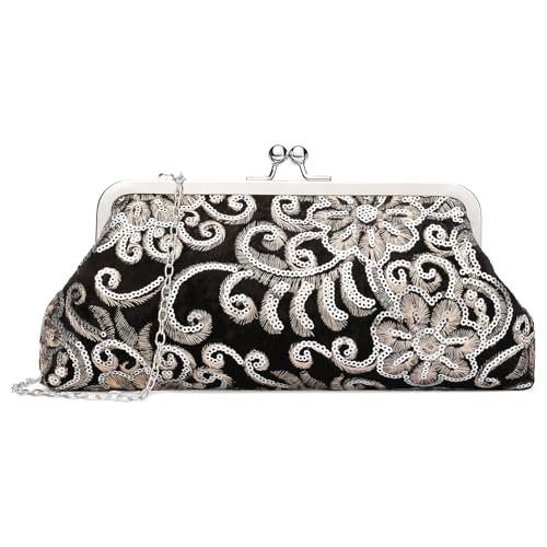 Image of RNIEGA Clutch Purse for Women Floral Embroidery Sequin Evening Bags Elegant Kiss Lock Wedding Party Cocktail