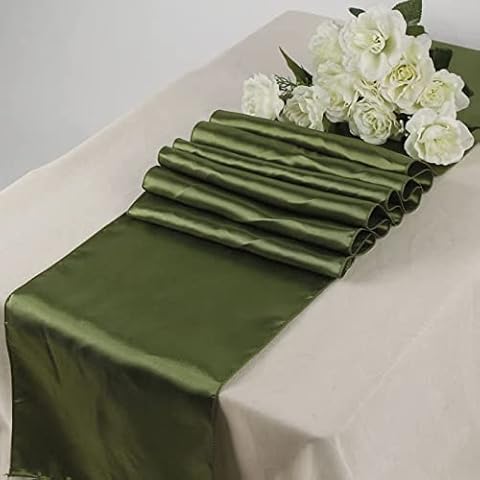 BEEKAY 12 Pc 12 x 108 inch Long Charmeuse Satin Table Runners Bright Shiny Satin Silk and Smooth Fabric Runners Table Decorations Great Birthday Parties,Baby Shower Banquet Wedding - Olive Green Cover