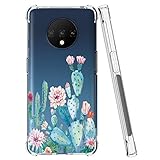 Sidande Custodia per OnePlus 7T Case, Sottile Custodia Protettiva in TPU Morbido e Flessibile con Motivo Trasparente Floreale Cover per One Plus 7T cactus
