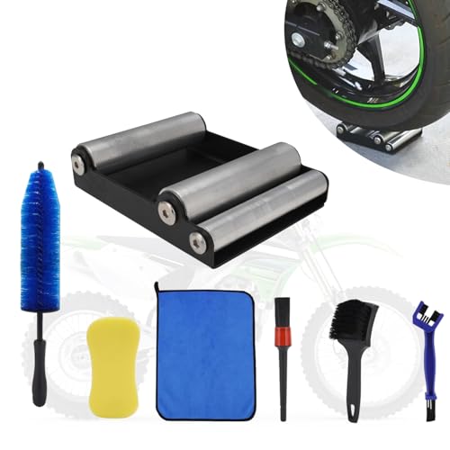 BAOUFF Motorcycle Wheel Cleaning Stand with Cleaning Brush Kit,Universal Roller Paddock for Dirt Street Bike Ebike for Tire Cleaning & Chain Lubrication(Bikes<500 lb & Tire Width<180 mm)