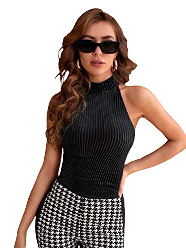 Milumia Women Mock Neck Ribbed Knit Velvet Halter Crop Top Ruched Side Solid Tank Top Black Large