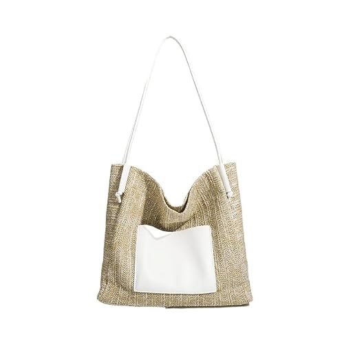 QIUSHIBO Sac Paille Sac à bandoulière tissé Hobo Grande capacité Sacs fourre-Tout Polyvalents d'été Sacs à Main en Paille Mode Femme Décontracté Sac en Paille(White)