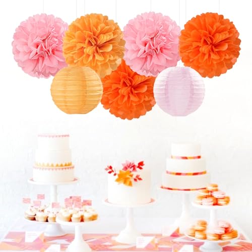 Image of Pink-Orange Groovy Party-Decorations Paper-Flowers Lanterns - 15PCS Baby Shower Tissue Pom Poms Streamers, Fall Wedding Boho Birthday Bridal Bachelorette Sunset Hanging Supplies Decor Hugfond