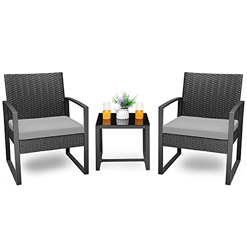 Homall Balcony 3 Piece Furniture Table Garden Backyard Outdoor Patio Use Porch Chairs Cushioned PE Wicker Bistro Set Rattan (Grey)