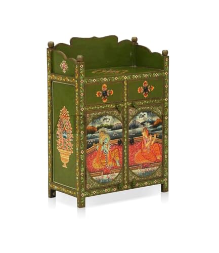 Image of APRODZ Hand-Painted Solid Wood Sideboard Cabinet | Wooden Storage Cabinet for Bedroom Living Room & Kitchen | Crockery Cabinet, Kitchen Storage | Multicolor, 28x14x47 Inches