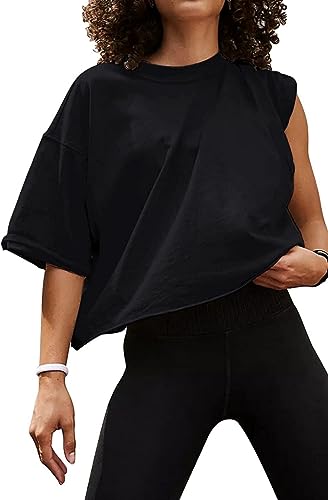 Carpetcom Oversized Workout Shirts for Women Short Sleeve Drop Shoulder Casual Crop Tops Baggy Gym Yoga Athletic Tee