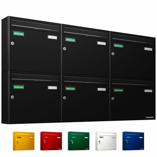 AL Briefkastensysteme Basic 6er Briefkasten RAL 9005 Tief Schwarz 6 Fach DIN A4 wetterfest Briefkastenanlage mit Posthaltebügel und 2 Namensschildern