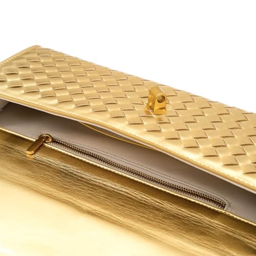 Image of Woven Clutch Purse Ladies Top Handle Handbag Leather Crossbody Shoulderbag with Detachable Strap (Gold)