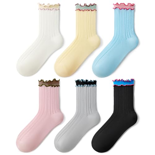 Women Girls Summer Ruffle Turn-Cuff Casual Crew Socks Ultrathin Cute Breathable Knit Cotton Colorful Sock