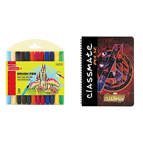 Image of Camlin 4019272 Kokuyo Brush Pen, 12 Shades (Multicolor) & Classmate Pulse Spiral Notebook - 240 Mm X 180 Mm, Soft Cover, 180 Pages, Unruled