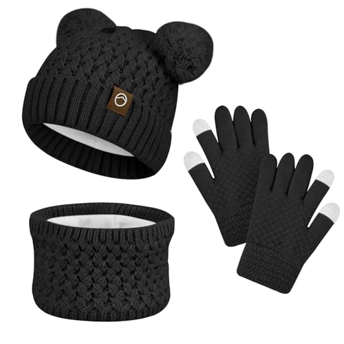 Image of Kids Winter Hat Gloves Scarf Set,Toddler Girls Winter Hat Kids Beanie with Pom Neck Warmer Gaiter Mittens Fleece Lined Set