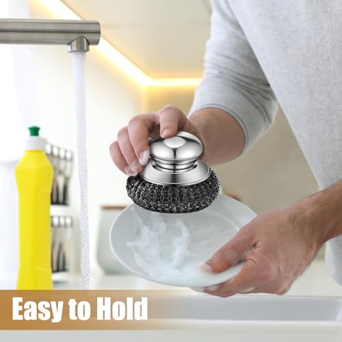 Image of 4 Pcs Stainless Steel Wool Scrubbers with Handle 12 Replacement Metal Cast Iron Scrubber Brush for Cleaning Dishes Kitchen Pots Pan Sink