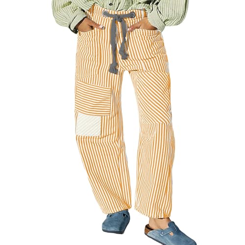 Barrel Jeans Women Casual Horseshoe Tie Waist Striped Pants Lightweight Loose Fit Y2K Patchwork Pants with Pockets2
