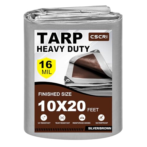 16Mil Finished Size 10x20 Tarp Heavy Duty Waterproof, Large Outdoor Multipurpose Protective Cover (Silver/Brown)