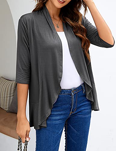 Zeagoo Women's Open Front Cardigan 3/4 Sleeve Draped Ruffles Kimono Soft Knit Sweaters Dark Grey Xxl #TOP2