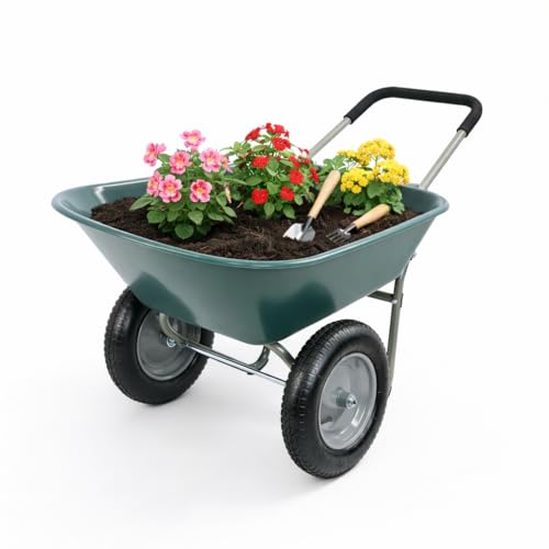 2 Wheel Wheelbarrow with 15' Pneumatic Tires, 300 lb Capacity, 5 cu ft – Heavy Duty Dual Wheel Barrow for Moving Soil, Wood & Gravel (Green)