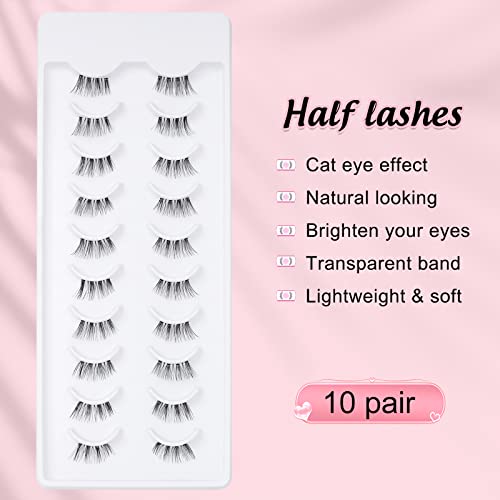 EMEDA 10 Pairs Half Lashes Transparent Strip False Eyelashes Natural Look Wispy Fake Corner Lashes Natural Reusable Half Eyelashes Clear Band Short And Soft False Lashes (Half Lashes)