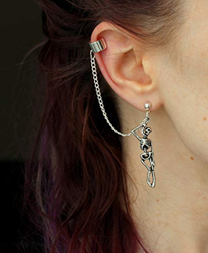 Punk Spike Chain Earrings With Ear Cuff, Tassel Link Rivet Skeleton Skull Pendant Dangle Earrings, Gothic Stylish Jewelry For Party Night Club Halloween Streetwear Women Men Egirls Gift-Skull #TOP1