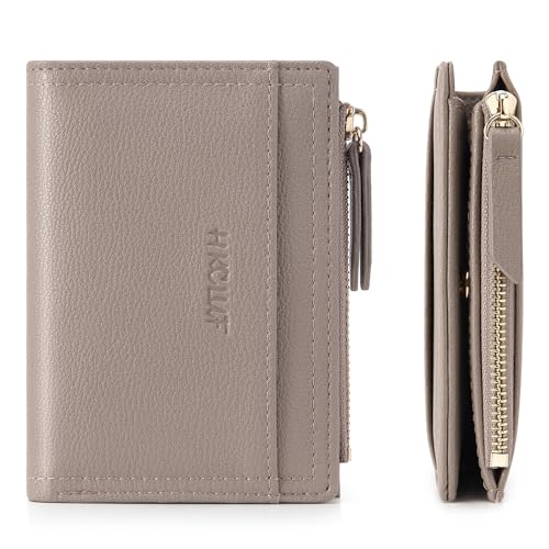 HKCLUF Small Wallet Women,Bifold Compact Wallet Slim,Vegan Leather Credit Card Holder for Women With Zipper Coin Pocket(grey)