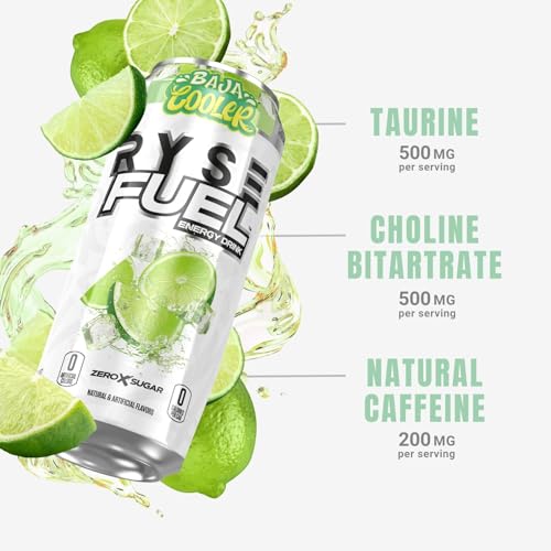 RYSE Fuel Sugar Free Energy Drink | Vegan Friendly, Gluten Free | No Fillers & No Artificial Colors | 0 Calories | 200mg Natural Caffeine | 12 Pack (Baja Cooler)