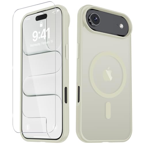 Image of YENAPOON for iPhone Air Case, Matte Magnetic Phone Cover [with 1 Screen Protector] [Support for MagSafe] [Shockproof Military Grade Protection] Translucent Frosted Back, Cream White