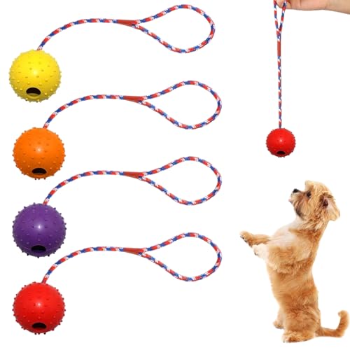 AUTOWNLUX 4 Piezas Pelota Perro con Cuerda, Pelota De Juguete para Perros con Cuerda, Pelota Perro Indestructible para Lanzar y Arrastrar (Rojo, Amarillo, Morado, Naranja)