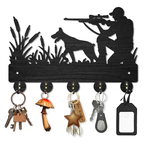 MAYJOYDIY Holz Jagd Wandgarderobe Jägerhund Schilfholz Schlüsselhaken Für Die Wand 30x20cm Schwarzer Schlüsselhalter Wanddeko Mit 5 Haken Aus Legierung als Geschenk Für Flur Eingangsbereich Küche