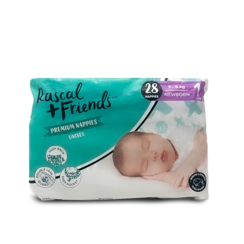 Image of Rascal + Friends Premium Baby Tape Diapers, Newborn (NB) Size 1, 28 Count, Size 1 with Wetness Indiactor, 3-5kg Diapers with 12 hours absorbtion