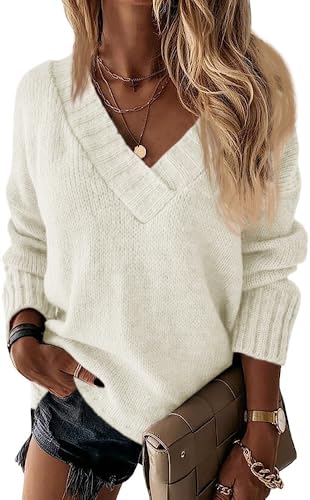 Wenrine Damen Pullover Winter Langarm V-Ausschnitt Strickpullover Sexy Lose...