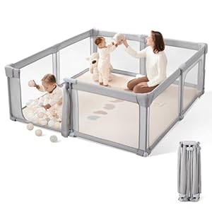 Sweeby Baby Playpen, 59×59 Inch Gate Foldable for Babies and Toddlers, Extra Large with Door Play Yard for Fence Indoor and Outdoor, Gray