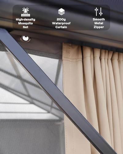 12'x16' Hardtop Gazebo - Aluminum Frame Permanent Pavilion with Curtains and Netting, Outdoor Double Metal Roof, Heavy Duty Poles for Patio, Deck, Backyard, Lawn, Garden - Image 4