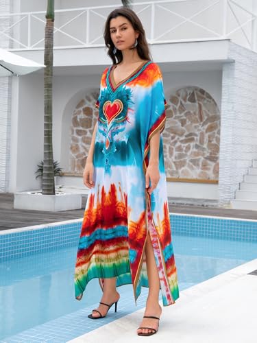 Image of KECVOT Kaftan Dresses for Women V-Neck Print Swimsuit Cover Up Plus Size Beach Caftan Lounge Dress