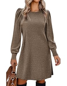 Zeagoo Strickkleid Damen Leicht Herbstkleid Langarm Kleid Puff Pulloverkleid Elegant Winterkleid mit Taschen Kleider für Herbst Winter Braun M
