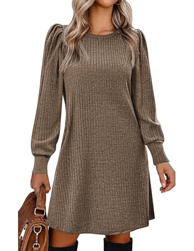 Zeagoo Herbstkleid Damen Langarm Strickkleid Rundhals Winterkleid mit Taschen Pulloverkleid mit Puff Knielang Kleider Herbst Winter Braun L