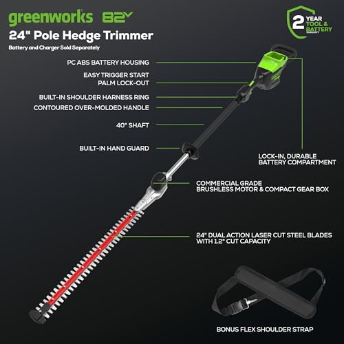 Image of Greenworks 82V 24 inch Brushless Cordless Fixed Mid Pole Hedge Trimmer, 2.5Ah Battery and Dual Port Rapid Charger (Great for Landscapers and Professionals)