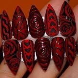 30Pcs Dark Red Press on Nails Medium Almond Fake Nails with Black Red Large Rose Flower Heart Design Romantic Valentines Day False Nails Glossy Handmade Acrylic Stick on Nail for Women Manicure Decor