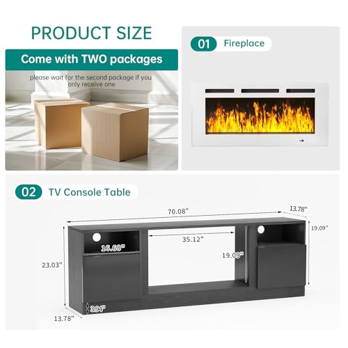 Image of MXV 70 inch Fireplace TV Stand for TVs Up to 80 inch, LED Light Entertainment Center with 36 inch Electric Fireplace, Modern Wood Texture TV Media Console with Highlight Storage Cabinet, Black-White