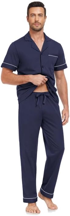 COLORFULLEAF Men's 100% Cotton Pajamas Set Button Down Short Sleeve Sleepwear Long Pants Pjs for Men with pockets - Image 6